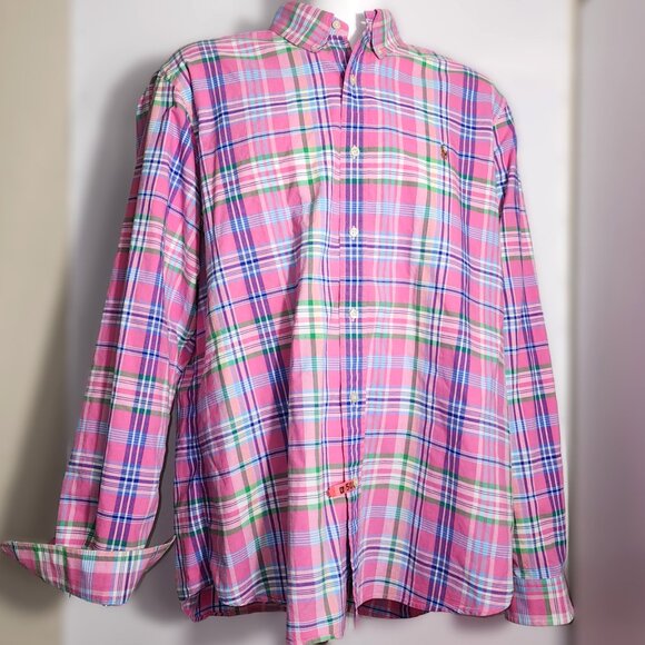 Polo Ralph Lauren Plaid Shirt Mens XXL Pink Green Button Up Classic Blue Label - Picture 12 of 13